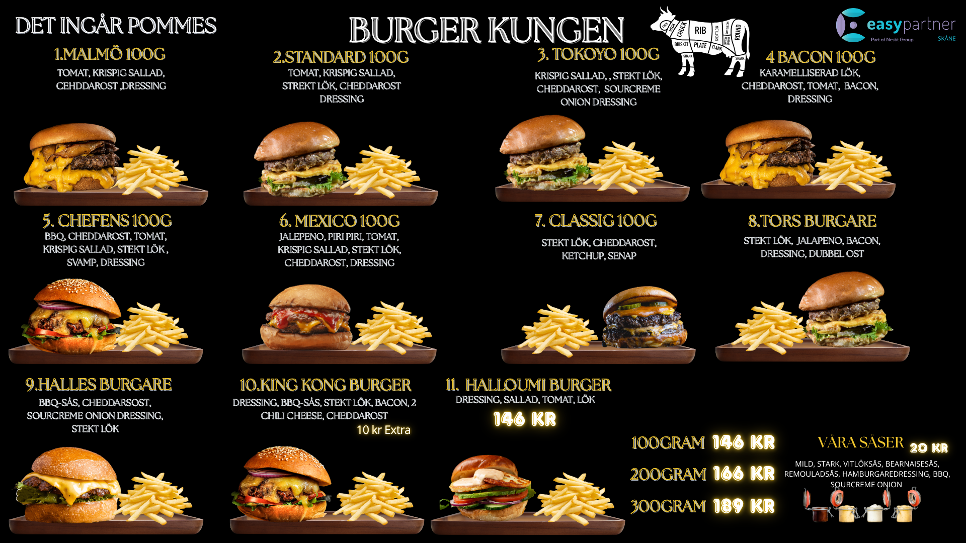 Burgarmeny hos Viking Pizzeria Dalby med smashburgare, tillbehör och priser