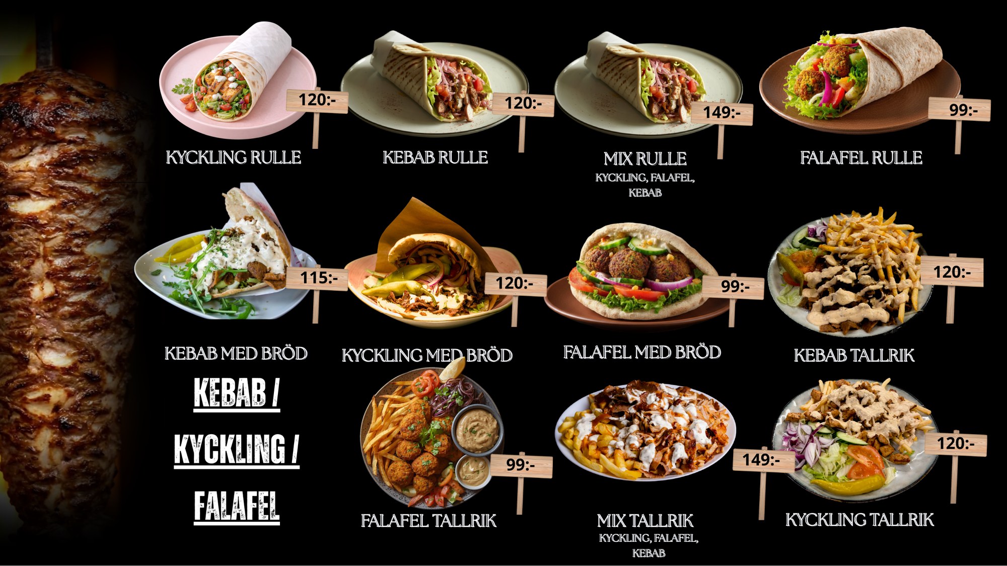 Kebabmeny hos Viking Pizzeria Dalby med kebabrulle, kycklingrulle, falafelrulle, kebabtallrik och mixtallrik med priser