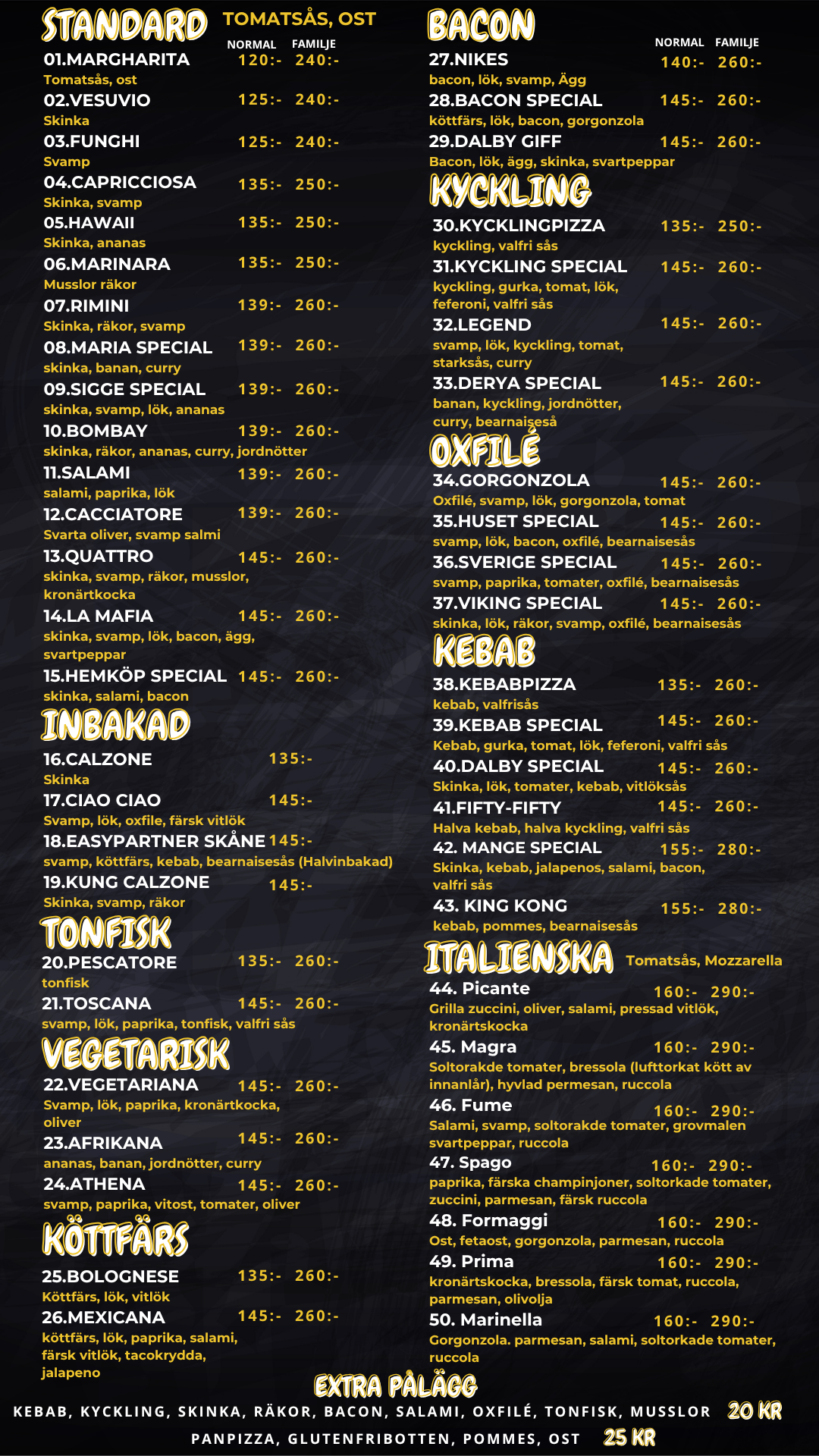 Pizzameny hos Viking Pizzeria Dalby med pizza nummer 1 till 50, priser för normal och familjestorlek