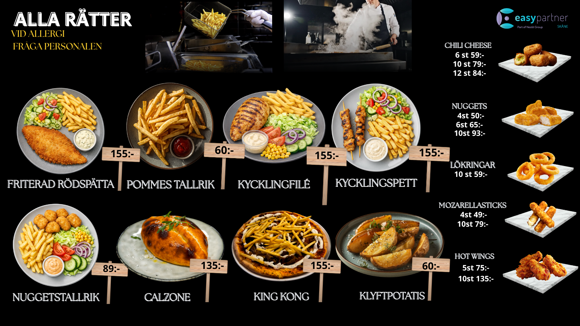 Meny med grillrätter, kycklingspett, calzone, klyftpotatis och tilltugg hos Viking Pizzeria Dalby